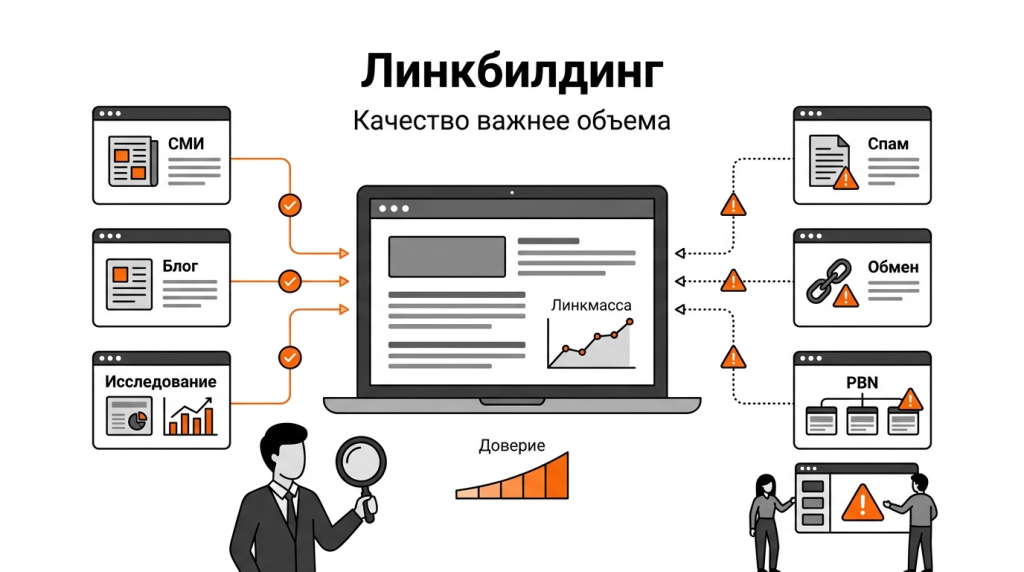 Инфографика о внешней SEO-оптимизации и ссылочной массе: доноры, обратные ссылки, качество ссылок и риски фильтров. 