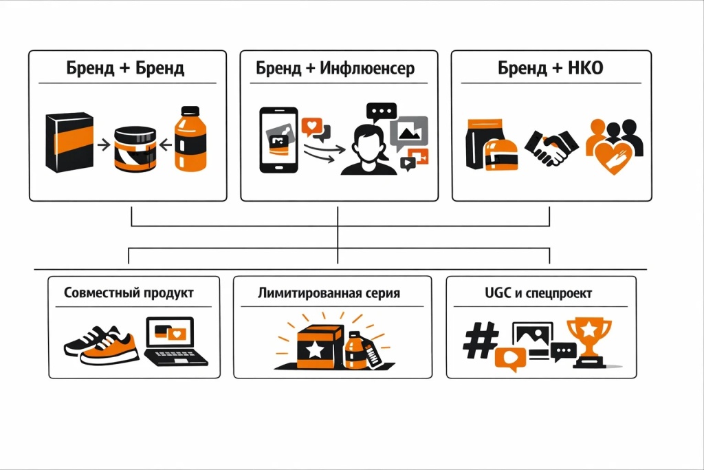 Инфографика с форматами коллабораций: бренд и бренд, бренд и инфлюенсер, бренд и НКО, а также совместный продукт, лимитированная серия и UGC-механика.