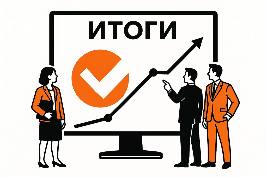 itogi-i-vyvody.jpg Иллюстрация: деловые люди перед итоговым графиком, символизирующая успешное завершение анализа и выводы.