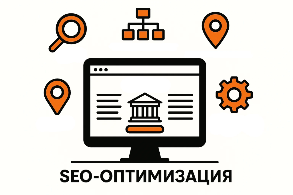 Иконки SEO-оптимизации (структура, региональность, техническая часть) вокруг банковского сайта.