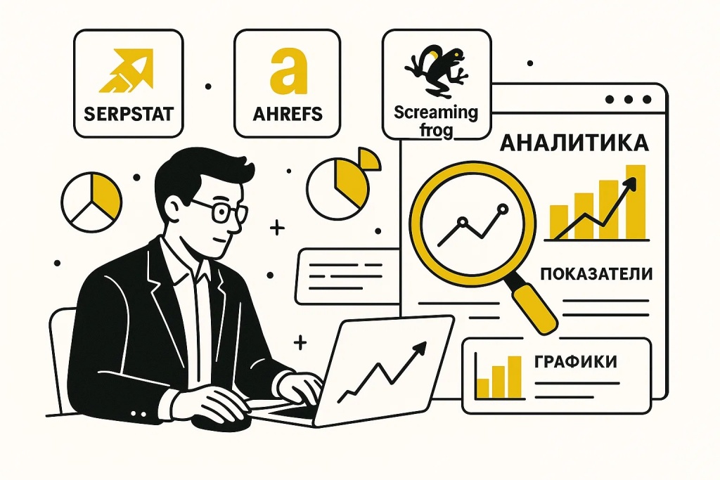 Инструменты для SEO и аналитики с графиками и метриками на экране.