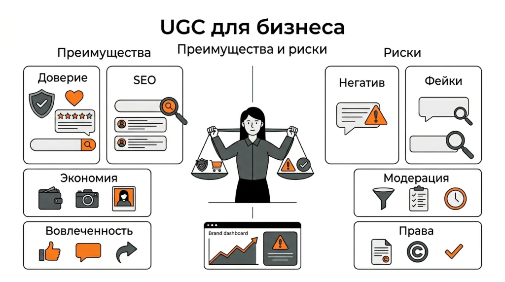 Инфографика о преимуществах и недостатках UGC для бизнеса: доверие, SEO, экономия бюджета, негатив и модерация. 