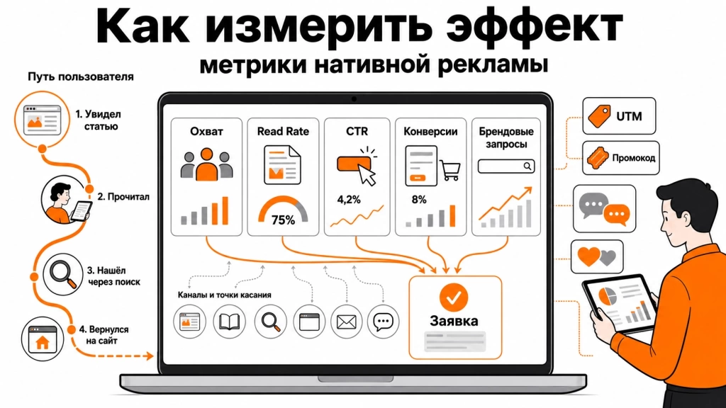 Инфографика об оценке эффективности нативной рекламы через охват, вовлечённость, CTR, конверсии и брендовые запросы. 