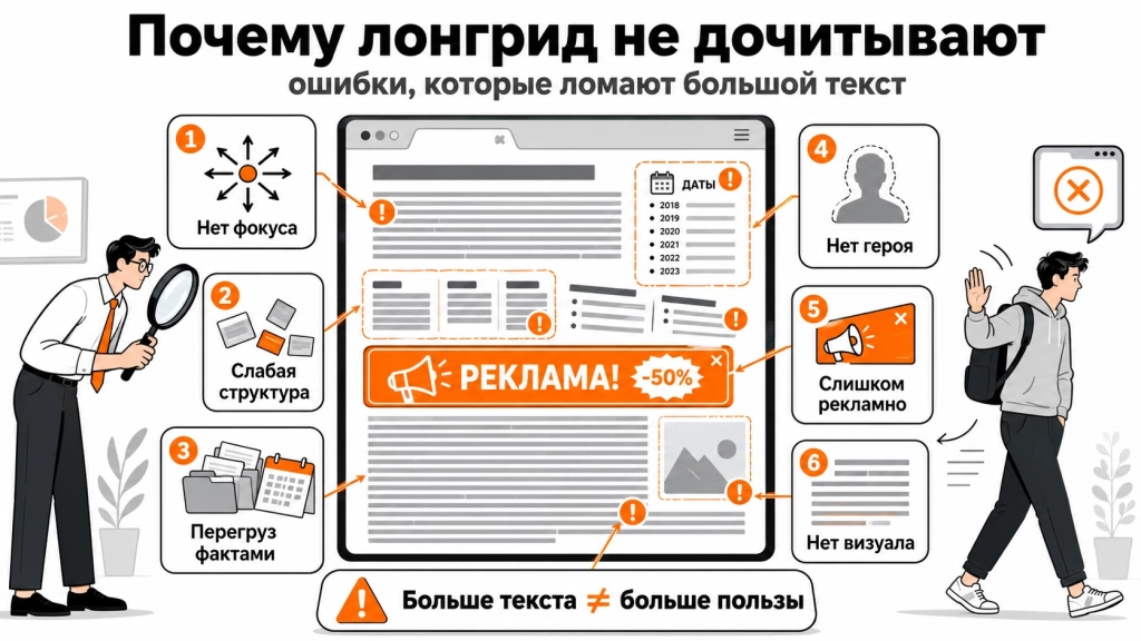 oshibki-pri-sozdanii-longridov (1).webp Инфографика о типичных ошибках при создании лонгридов: потере фокуса, слабой структуре, перегрузе фактами и рекламности.