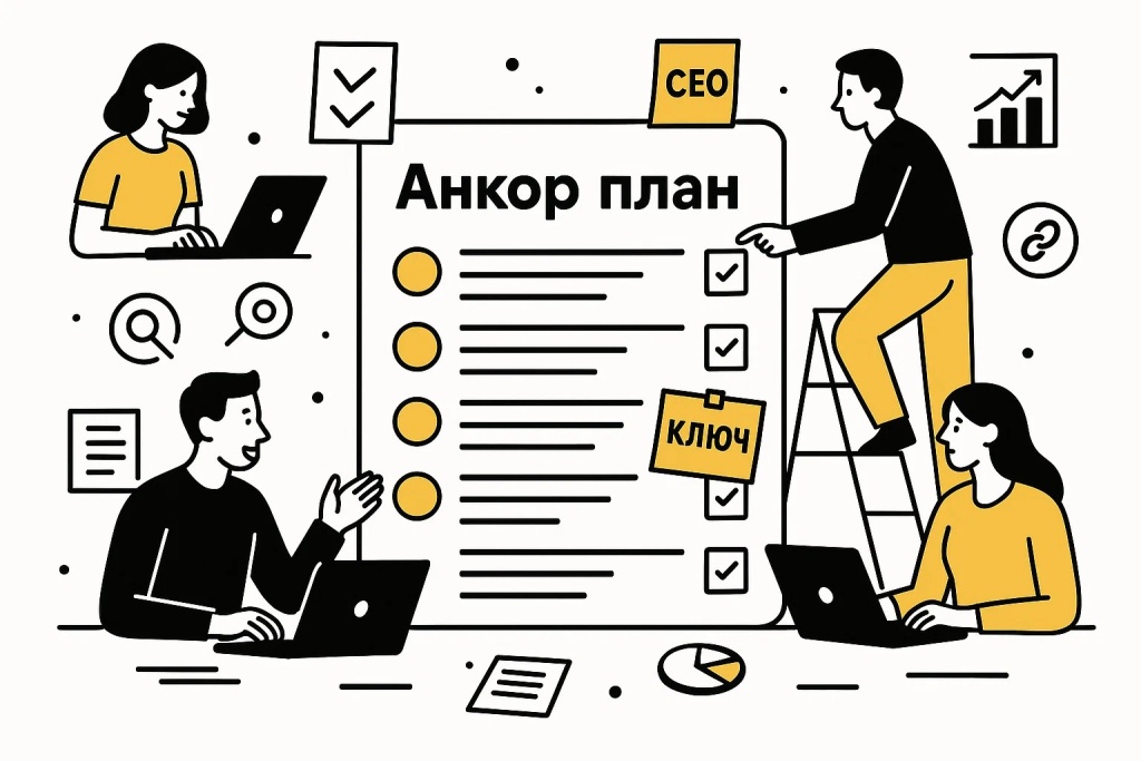 Анкор лист сайта: команда разрабатывает стратегию анкорного текста для SEO.