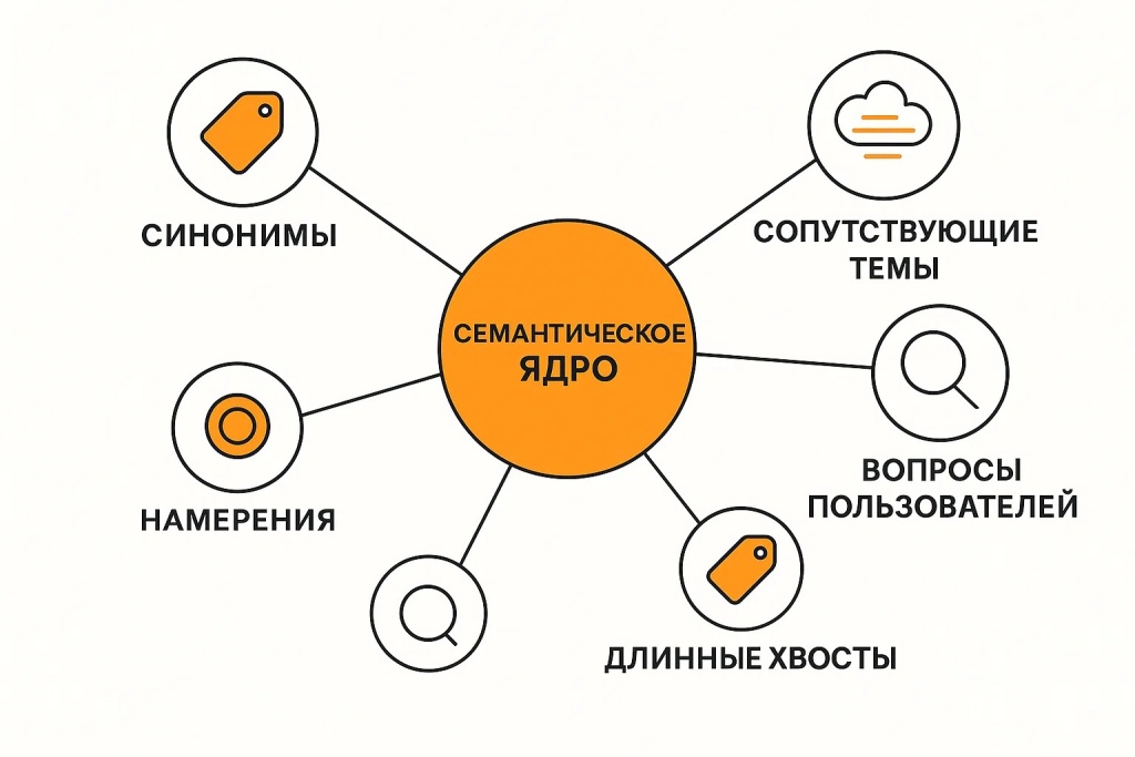 Схема семантического ядра для SEO с синонимами длинными хвостами и сопутствующими темами