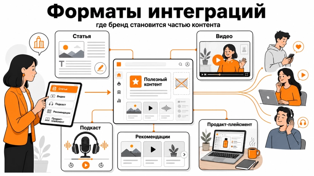 formaty-nativnyh-integraciy (1).webp Инфографика о форматах нативной рекламы: статьях, видео, подкастах, рекомендациях и продакт-плейсменте.