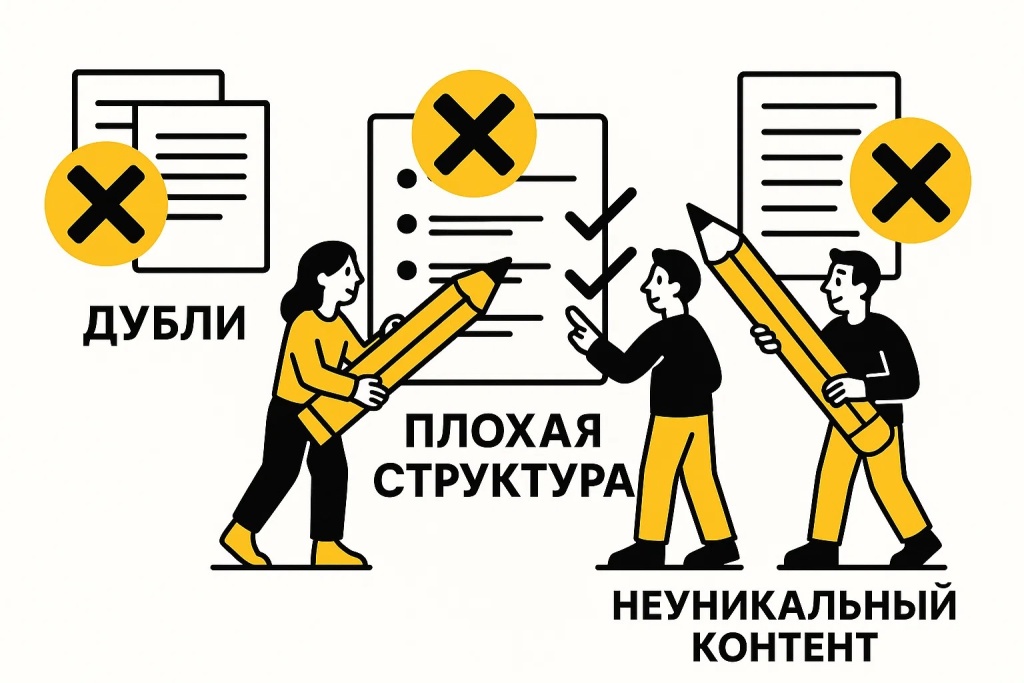 Ошибки SEO: дубли страниц, плохая структура и неуникальный контент на сайте. Ошибки SEO: дубли страниц, плохая структура и неуникальный контент на сайте.