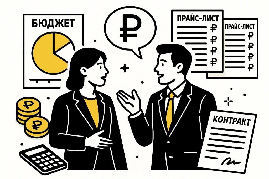 Деловое обсуждение бюджета, цен и подписания контракта с иконками и прайс-листами.