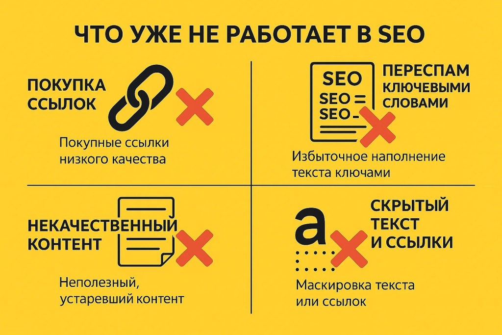 Что не работает в SEO: устаревшие методы, некачественные ссылки и скрытый текст.
