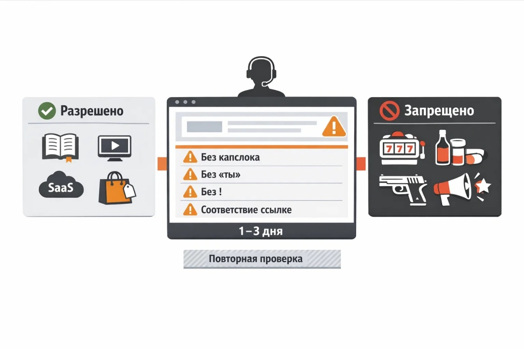 Инфографика о модерации Telegram Ads: что разрешено, что запрещено, какие ошибки отклоняют объявление и сколько длится проверка.