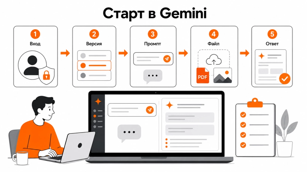 Инфографика о начале работы с Gemini: вход в аккаунт, выбор версии, первый промпт, загрузка файла и получение результата.