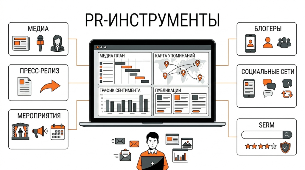 Инфографика об инструментах PR-продвижения: СМИ, пресс-релизы, события, блогеры, социальные сети, SERM и мониторинг упоминаний. 