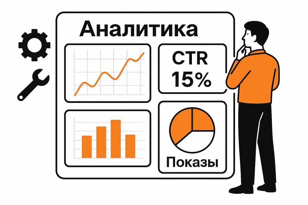 График аналитики SEO с показателем CTR 15 процентов и данными о показах График аналитики SEO с показателем CTR 15 процентов и данными о показах