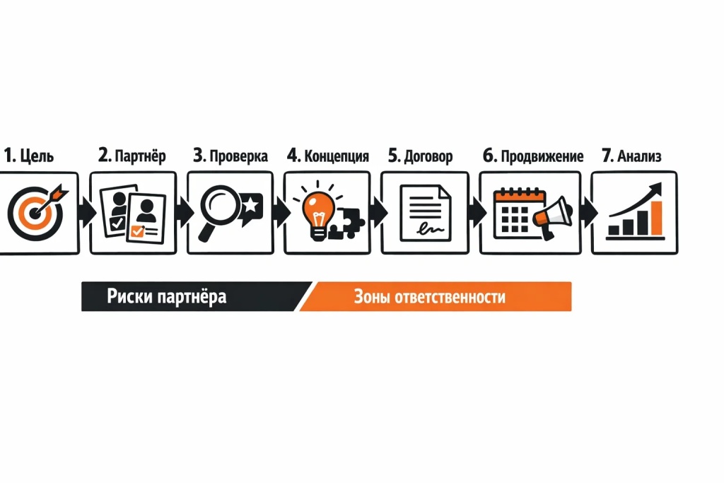 Пошаговая схема запуска коллаборации: цель, выбор партнера, проверка, концепция, договор, контент-план, запуск и анализ.
