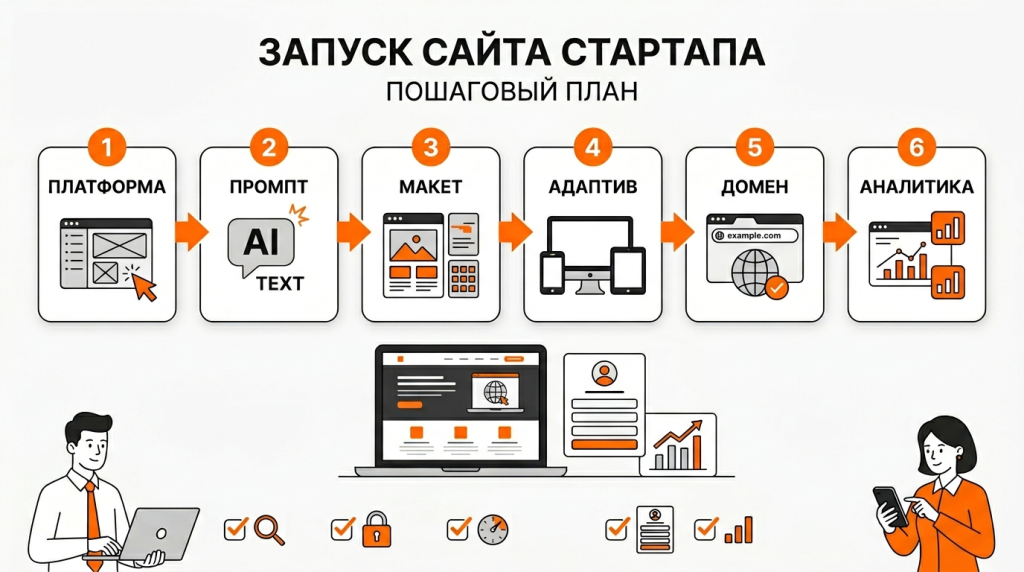 Инфографика о пошаговом запуске сайта для стартапа: выбор платформы, генерация макета, настройка блоков, домен, SEO и аналитика. 