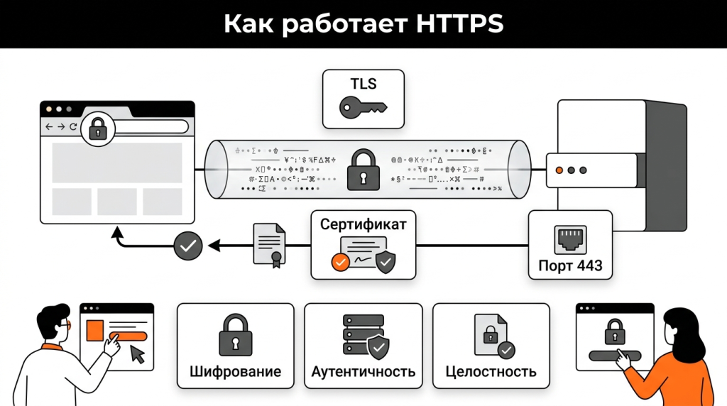 Инфографика о HTTPS: защищённое соединение, TLS-шифрование, сертификат, замок и безопасная передача данных. 