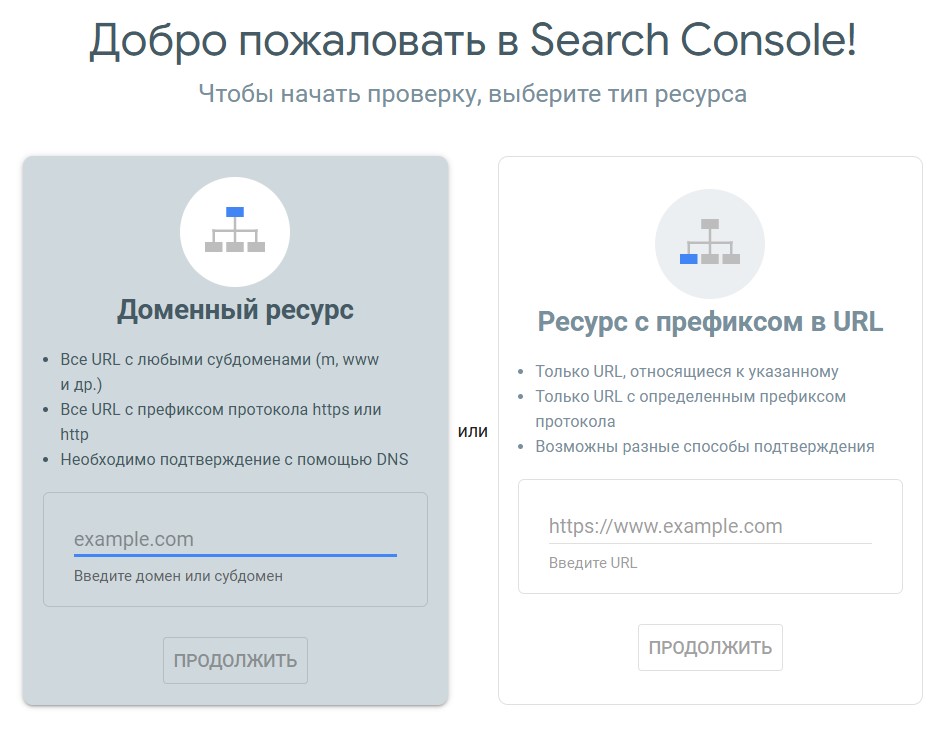 Выбор типа ресурса в Google Search Console для подтверждения прав на сайт.