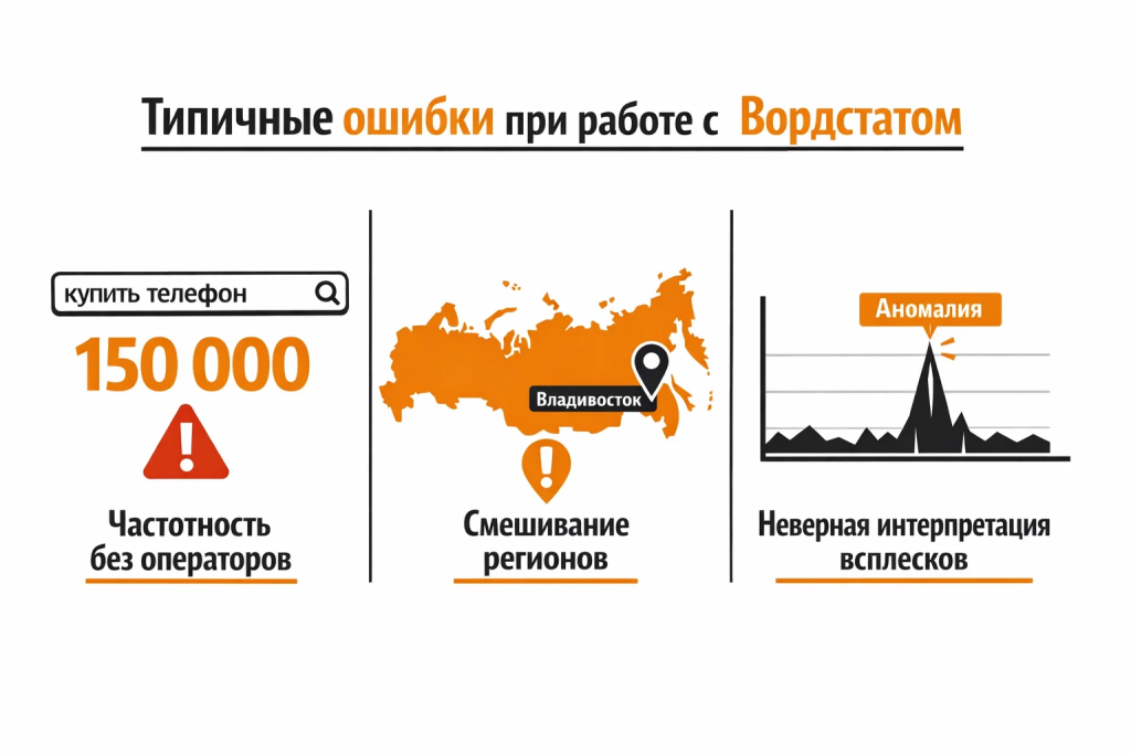 Типичные ошибки в Яндекс Вордстат: без операторов, смешение регионов, неверная интерпретация.