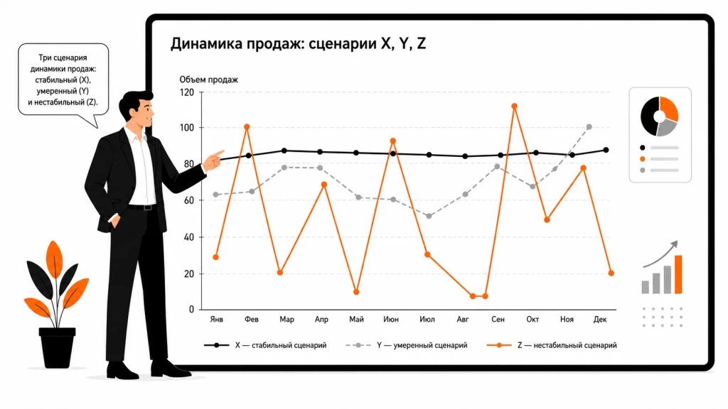 dinamika-prodazh-tri-scenariya.webp Динамика продаж три сценария X, Y и Z на линейном графике.