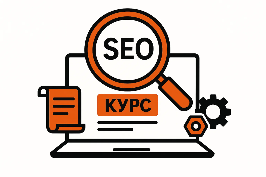 Векторная иллюстрация, показывающая особенности SEO для онлайн-школ: ноутбук с курсом, лупа с символом SEO и иконки.