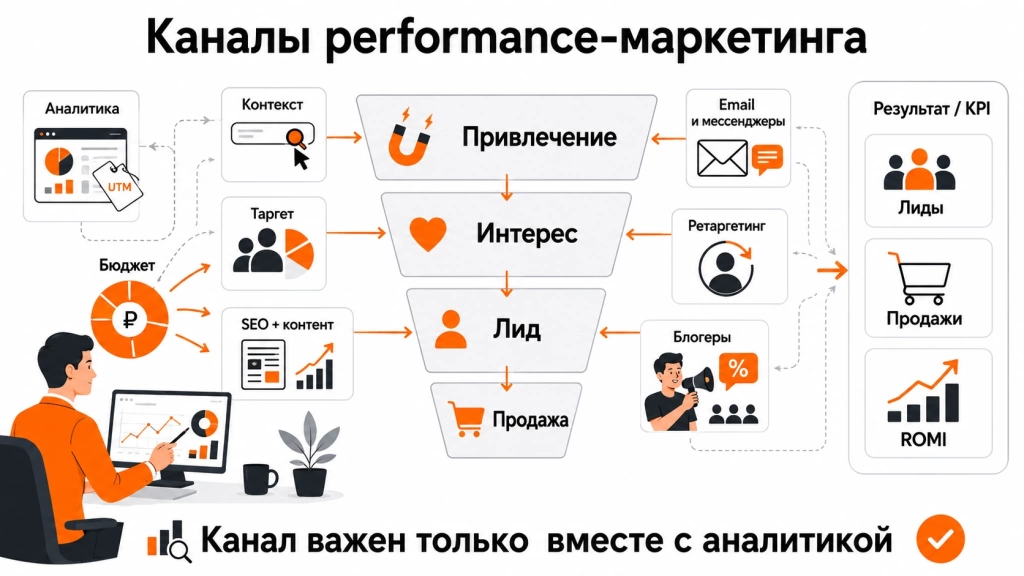 kanaly-i-instrumenty-perfomans-marketinga.webp Инфографика об основных каналах перфоманс-маркетинга: контекстная реклама, таргет, SEO, email, ретаргетинг, блогеры и аналитика.