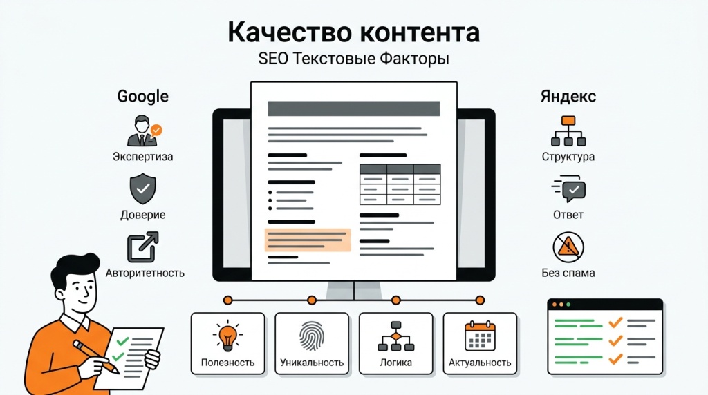 Инфографика о качестве контента и текстовых SEO-факторах: структура, экспертность, уникальность, польза и отсутствие переспама. 