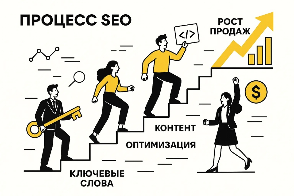 SEO процесс с ключевыми словами, контентом, оптимизацией и ростом продаж.
