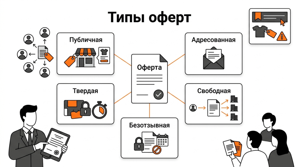 Инфографика о видах оферты: публичная, адресная, твёрдая, свободная и безотзывная оферта. 