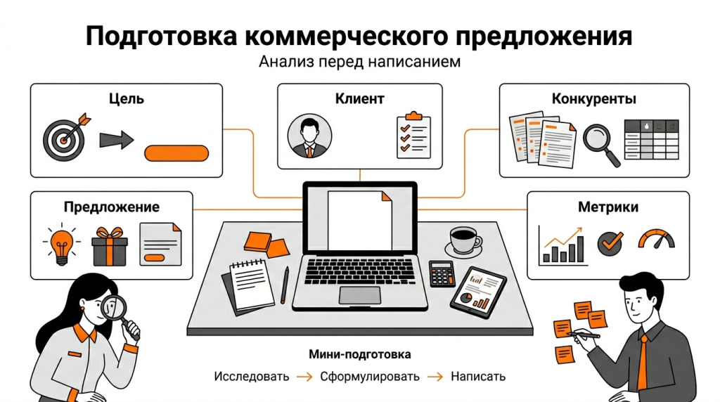 Инфографика о подготовке коммерческого предложения: цель, аудитория, конкуренты, оффер, боли клиента и критерии результата. 