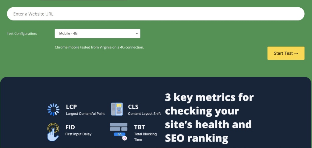test-skorosti-sajta-web-vitals.jpg Интерфейс тестирования скорости сайта с анализом ключевых метрик Web Vitals.