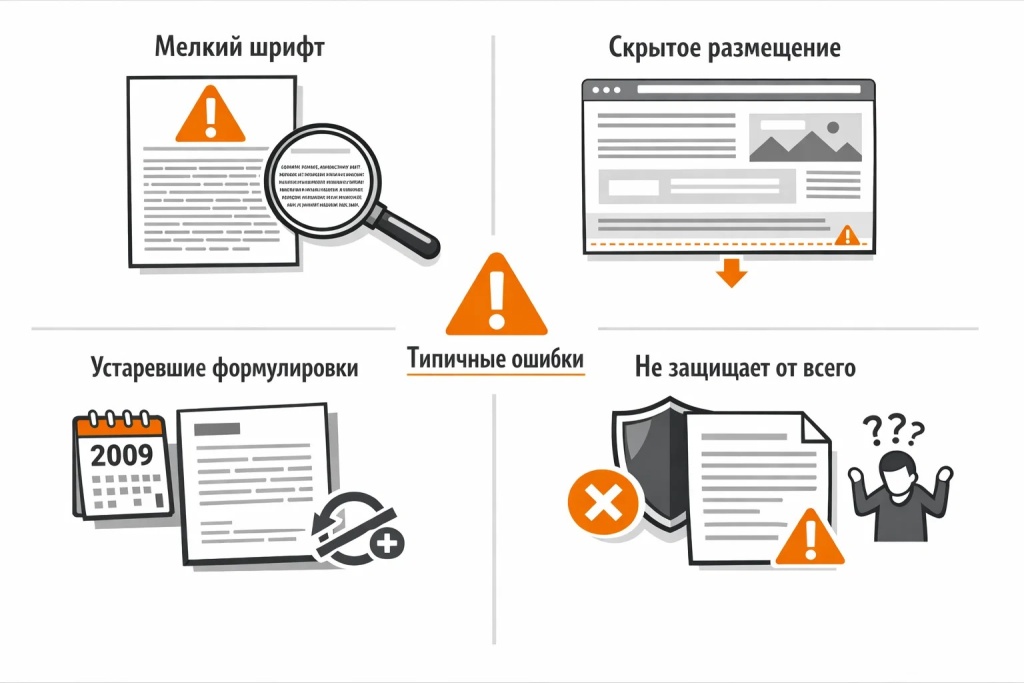 Инфографика с типичными ошибками: мелкий шрифт, скрытое размещение, устаревшие формулировки и попытка снять ответственность за прямой ущерб.