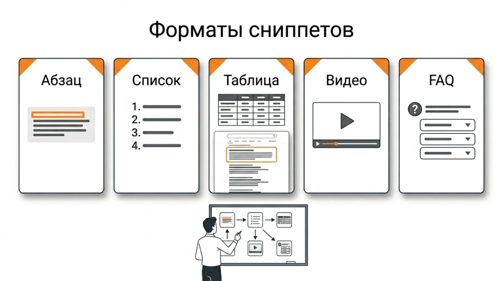Инфографика о видах блоков с ответами в поисковой выдаче: текстовый ответ, список, таблица, видео и FAQ. 
