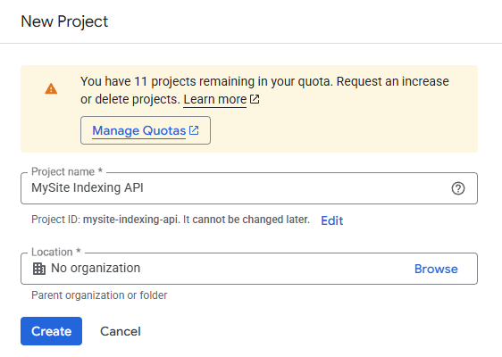 Форма создания нового проекта для Google Indexing API в консоли Google Cloud.