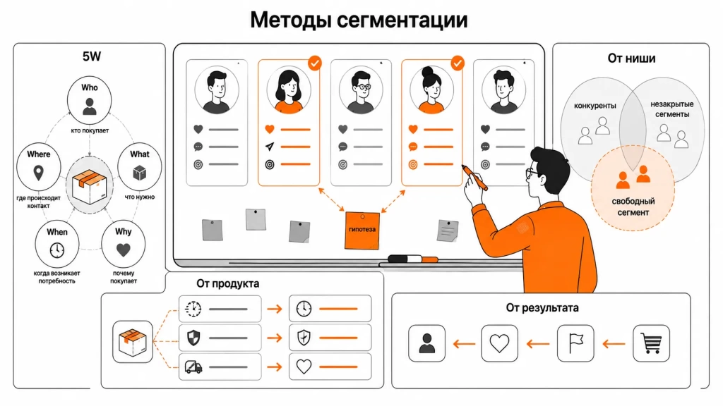 Инфографика о методах поиска и сегментации целевой аудитории: 5W, анализ продукта, анализ ниши, метод от результата и проверка гипотез.