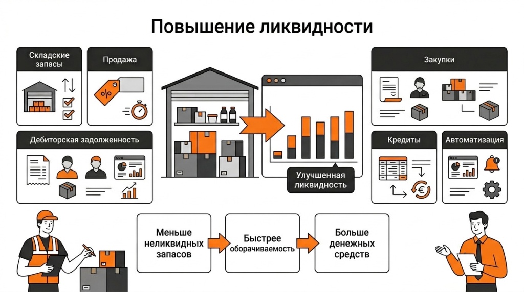 Инфографика о способах повышения ликвидности: управление запасами, распродажи, дебиторская задолженность, закупки, денежный поток и автоматизация. 