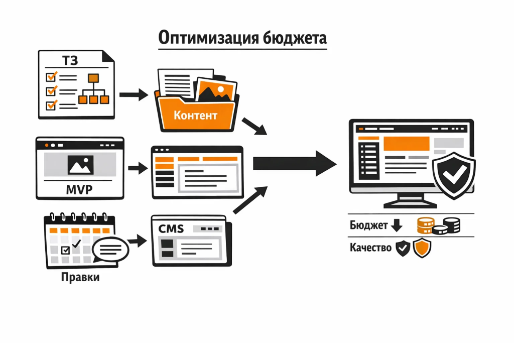 Иллюстрация способов снизить стоимость разработки сайта без потери качества.