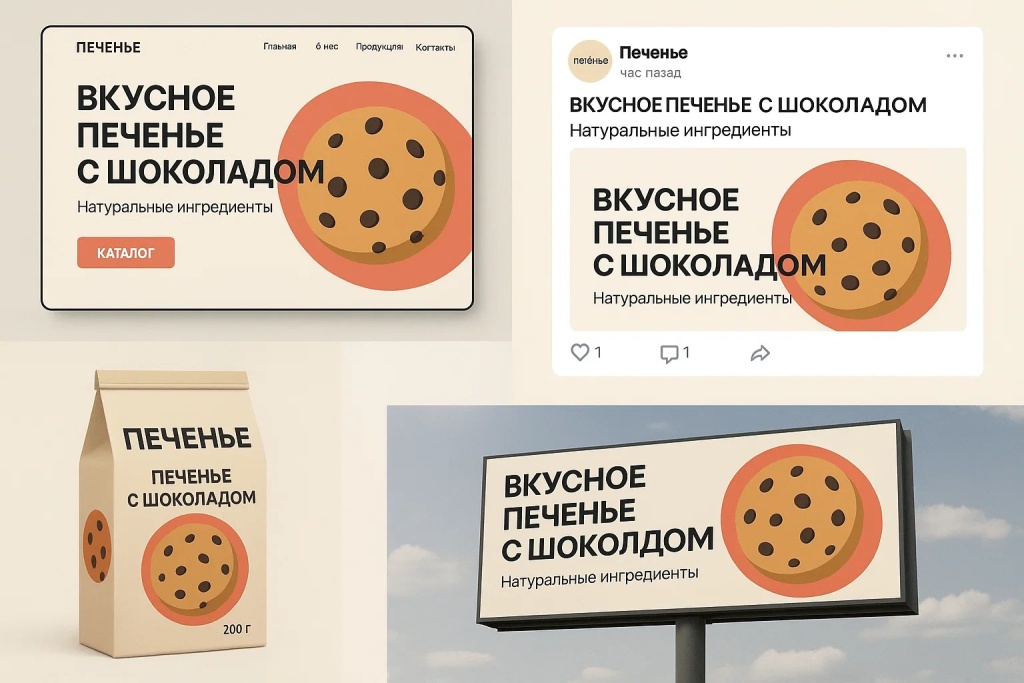 Реклама вкусного печенья с шоколадом на упаковке, билборде и в интернете