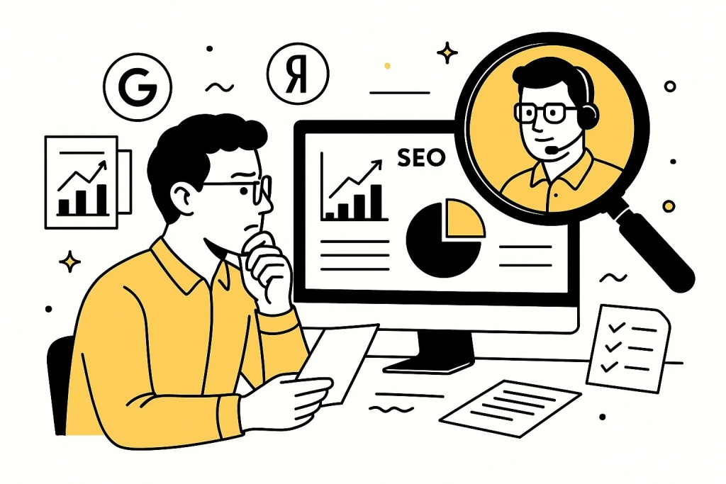 SEO-специалист анализирует графики и метрики для оптимизации сайта.