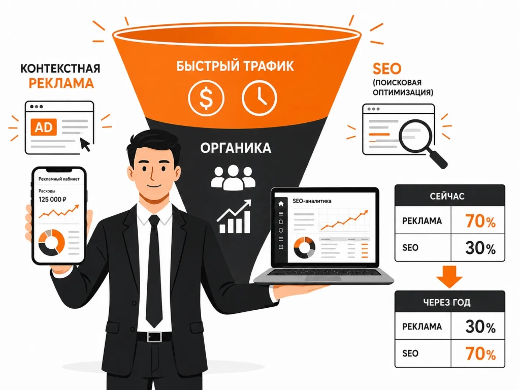 sovmestnoe-ispolzovanie-seo-i-reklamy.webp Схема совместного использования контекстной рекламы и SEO. Персонаж распределяет бюджет между рекламой и оптимизацией сайта