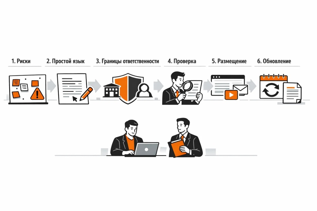 Пошаговый процесс создания дисклеймера: определить риски, описать их простым языком, обозначить границы ответственности, проверить текст, разместить и обновлять.