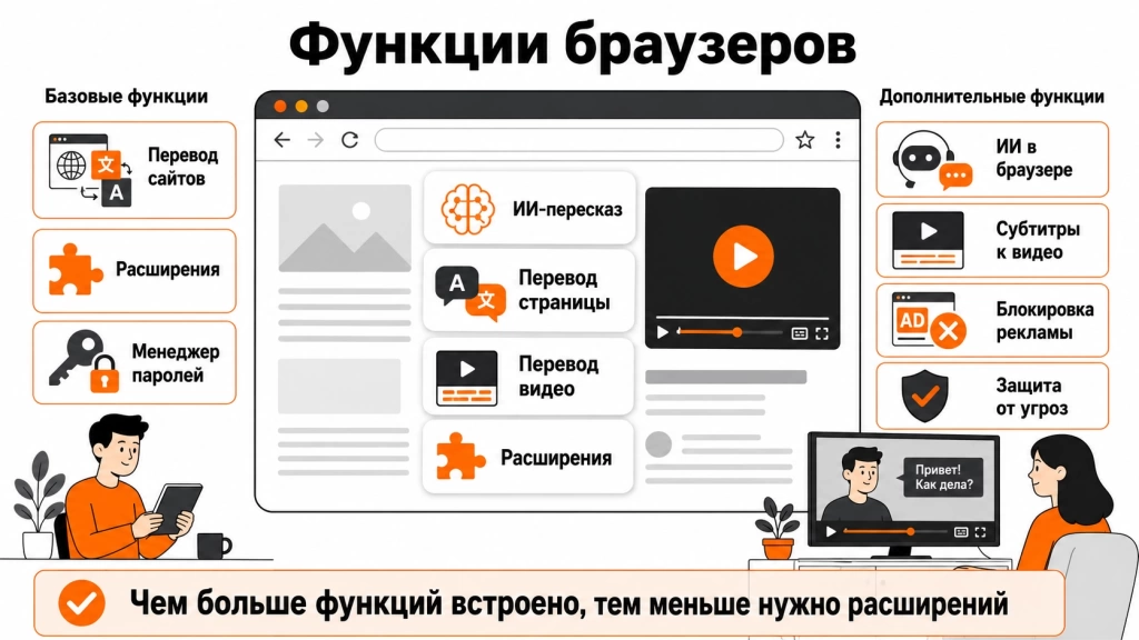 Инфографика о функциях Chrome и Яндекс Браузера: ИИ, перевод страниц, перевод видео, расширения, блокировка рекламы и защита. 