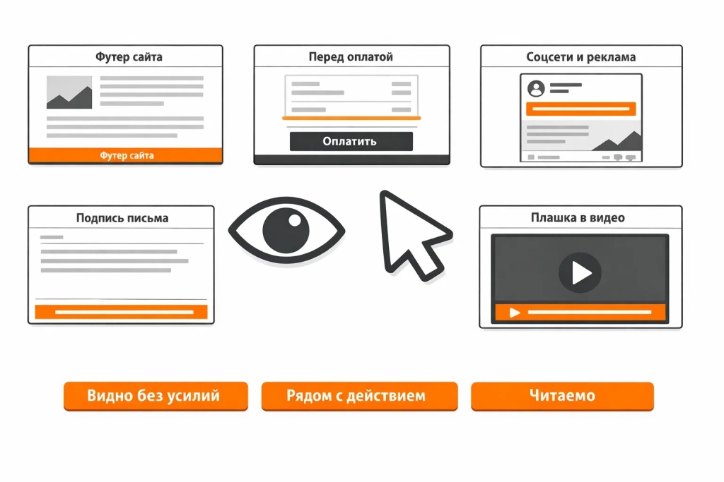 Практическая схема размещения дисклеймера на сайте, странице оплаты, в соцсетях, email и видео с акцентом на видимость и близость к контенту.