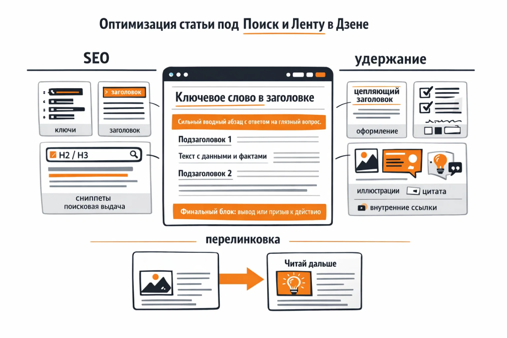 Иллюстрация оптимизации статьи в Дзене для поисковой выдачи и рекомендательной ленты.