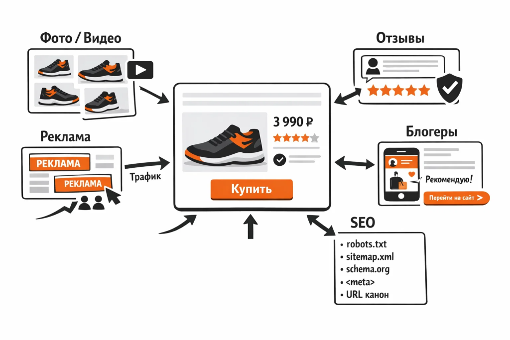 Иллюстрация инструментов повышения конверсии интернет-магазина и привлечения клиентов.
