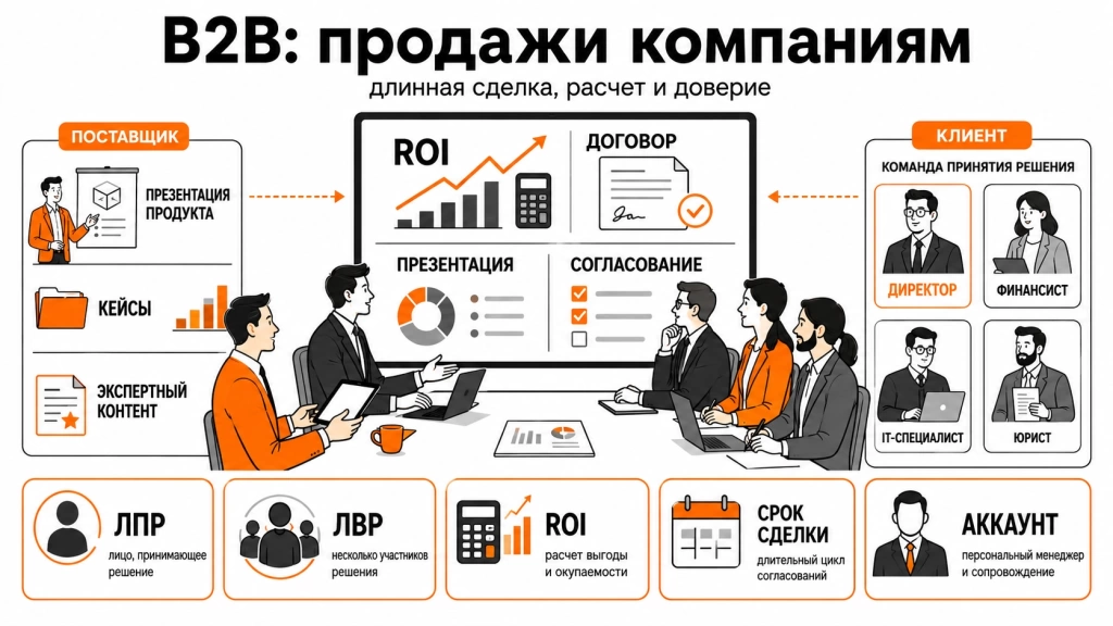 model-b2b-business-to-business.webp Инфографика о модели B2B, где компании продают продукты и услуги другим компаниям через длинный цикл сделки.