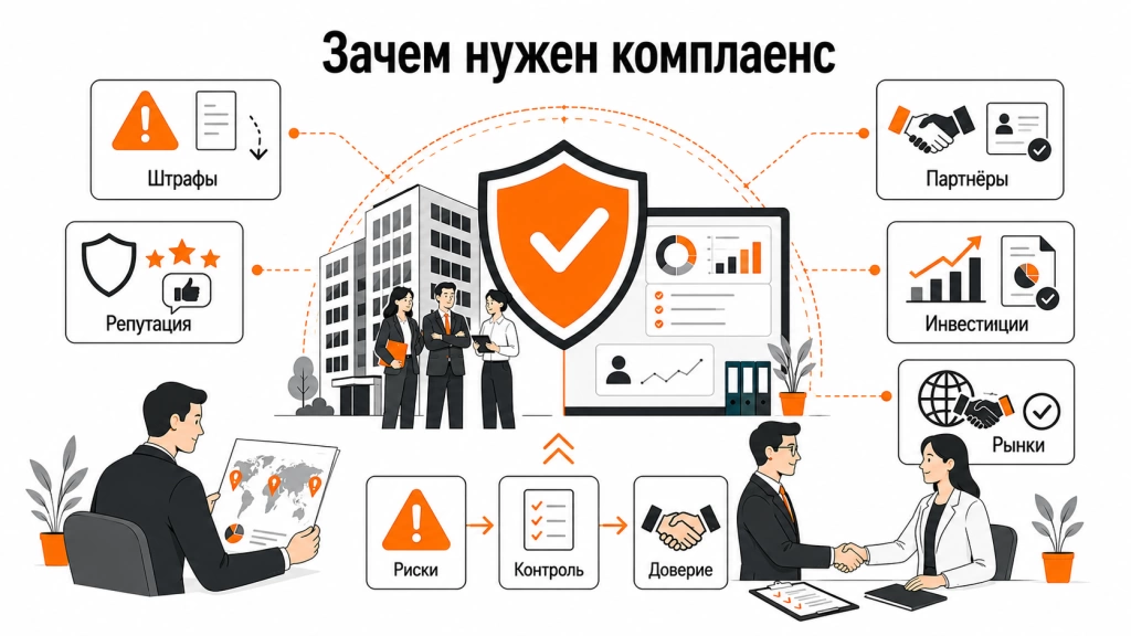 Инфографика о пользе комплаенса для бизнеса: снижение штрафов, защита репутации, доверие партнёров, инвестиции и выход на новые рынки.