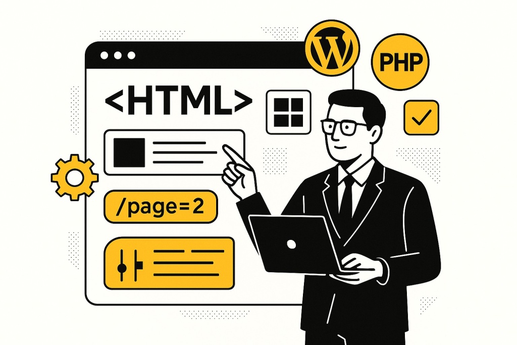 Разработчик настраивает пагинацию сайта с использованием HTML WordPress и PHP