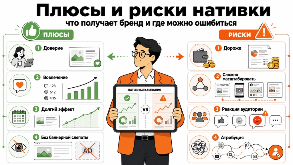 plyusy-i-riski-nativnogo-prodvizheniya.webp Инфографика о плюсах и рисках нативной рекламы для бренда и аудитории.