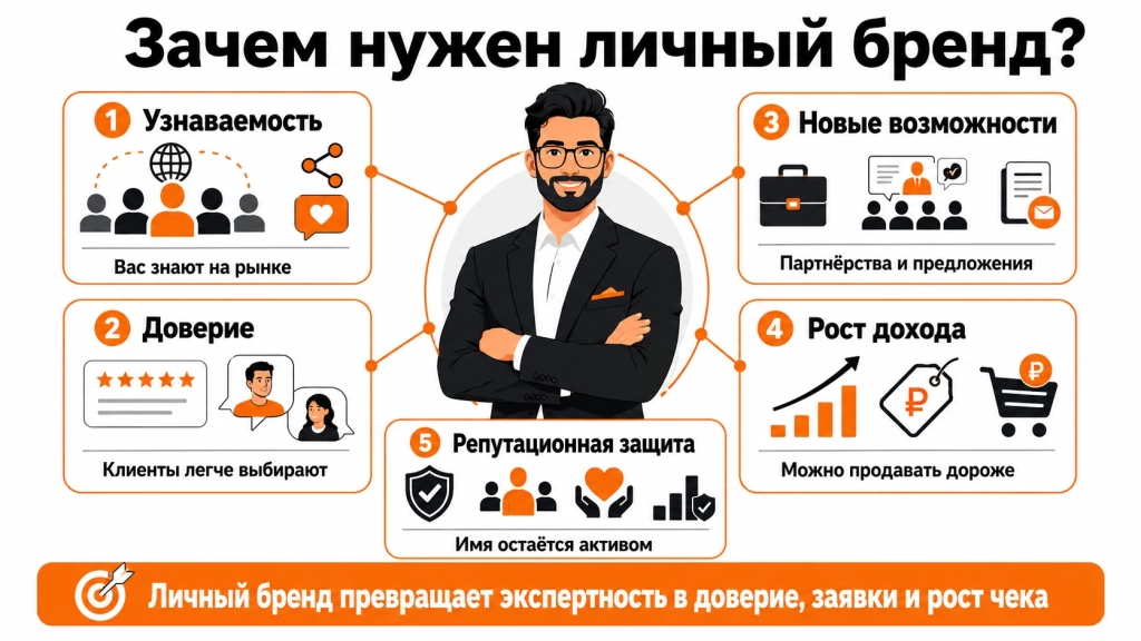 zachem-razvivat-lichnyj-brend.webp Инфографика о том, зачем развивать личный бренд: узнаваемость, доверие, карьерные возможности, рост дохода и защита репутации.